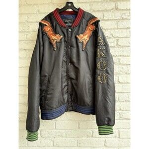 AKOO Bomber Jacket Fox Patches & Studs Black Streetwear Varsity Bomber Mens 3XL